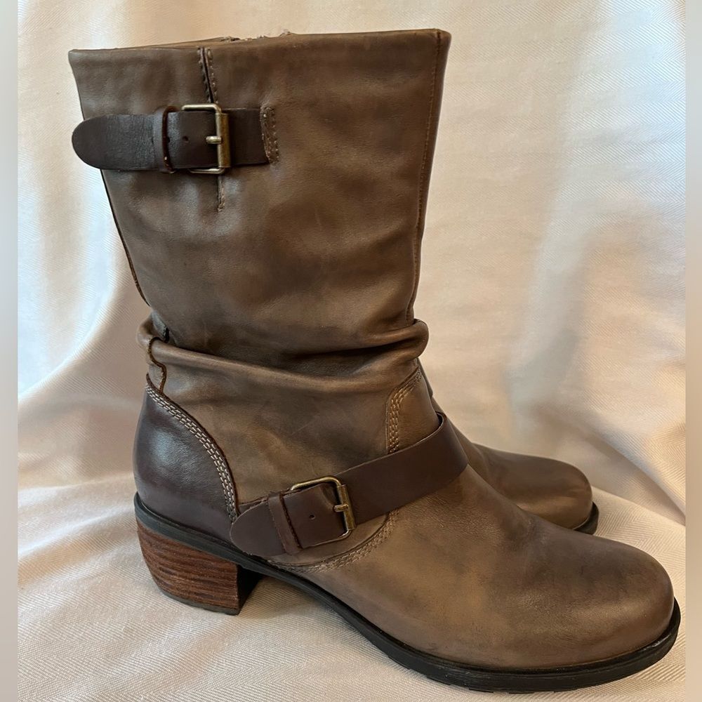 Leather Slouch Ankle Boots Gray Brown Moto Buckle Lug Block‎ Heel SZ 10.5